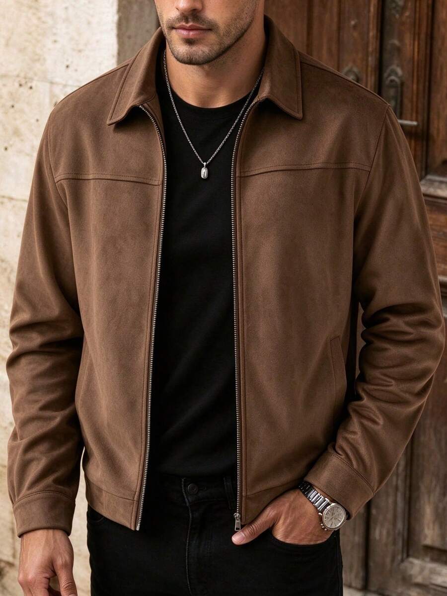 1pc Men's Solid Color Suede Zipper Jacket, Classic Lapel Casual Lightweight Outerwear, Long Sleeve Solid Color Autumn Daily Wear - Brown - View 1