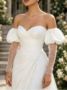 1pc White Satin Puff Sleeve + 2pcs Pearl Fingerless Gloves Elastic Bridal Decorative Sleeve Covers - Multicolor - View 5