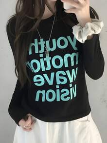 American Style Spicy Girl Cropped Long Sleeve T-Shirt, Women's Personalized Letter Print Slim Fit Flattering Basic Round Neck Undershirt Autumn Top - Black - View 1