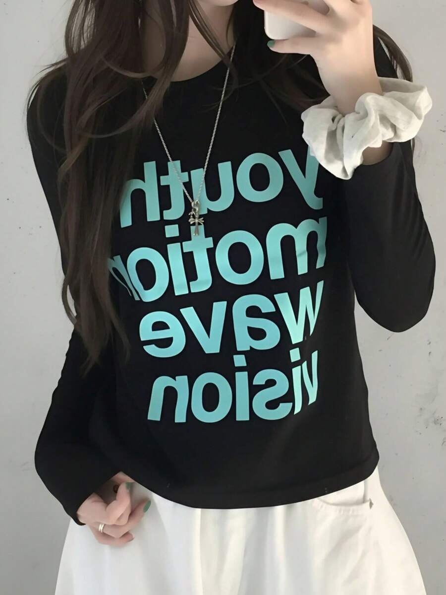 American Style Spicy Girl Cropped Long Sleeve T-Shirt, Women's Personalized Letter Print Slim Fit Flattering Basic Round Neck Undershirt Autumn Top - Black - View 1