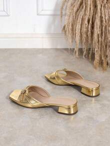 Women's Fashion Square Toe Open Toe Chunky Heel Slide Sandals With One Strap Buckle Low Heel Mature Versatile Casual Slippers - Gold - View 6