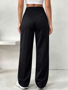 Women's High Waist Straight Leg Black Casual Commuter Pants - Black - View 6