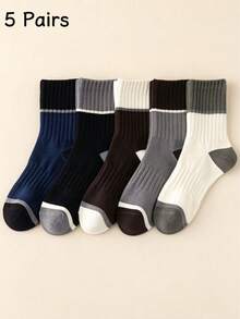 Men's Colorblock Ribbed Mid-Calf Cotton Socks, Vintage Contrast Color Breathable Sweat-Absorbent Versatile Casual Long Socks, 5 Pairs - Multicolor - View 6