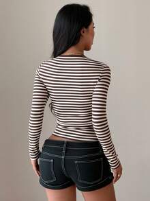 Women's Striped Long Sleeve V-Neck Ribbed Knit T-Shirt, Medium Stretch Regular Fit Top, Casual Autumn/Winter Outfit - Brown - View 2