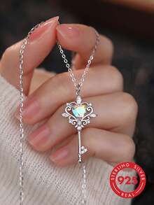S925 Sterling Silver "Magic Heart Key" Necklace For Women, Simple Sweet Cute Classic Fashion Light Luxury Exquisite Fairy Tale Dreamy - Multicolor - View 1
