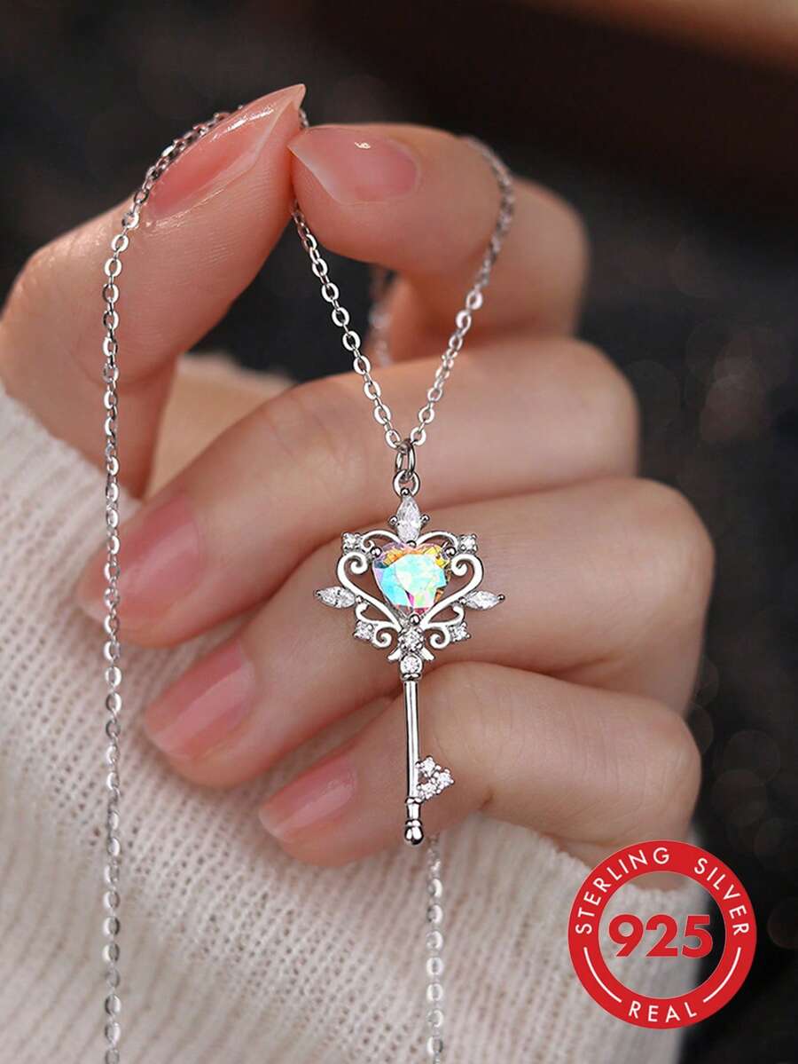 S925 Sterling Silver "Magic Heart Key" Necklace For Women, Simple Sweet Cute Classic Fashion Light Luxury Exquisite Fairy Tale Dreamy - Multicolor - View 1