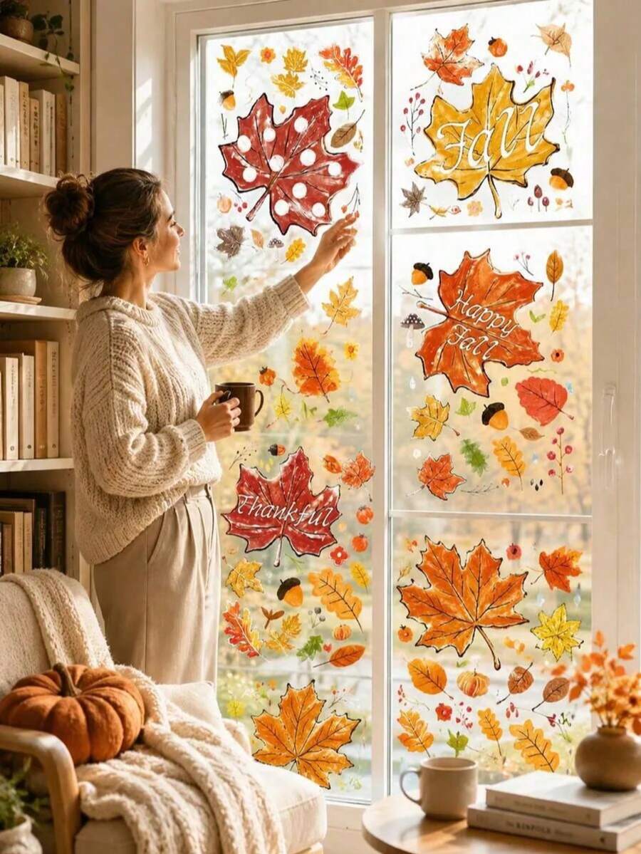 8pcs Autumn Maple Leaf Static Cling Window Decals, Removable Glass ...