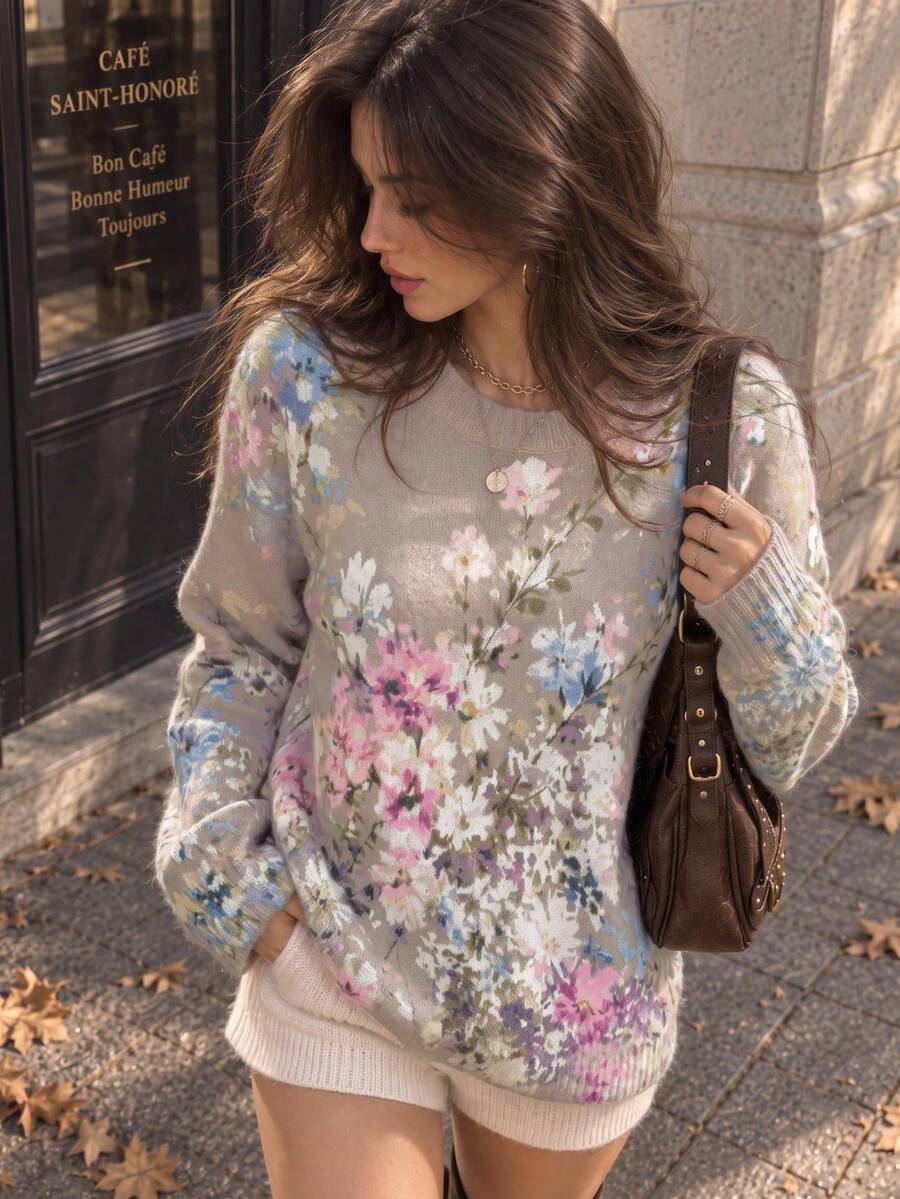 Women Fall Winter Colorful Floral Print Knit Sweater, Crew Neck Long Sleeve Loose Pullover, Cozy Romantic Garden Style Top, Going Out Vacation Outfit - Pink - View 1