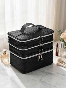 Minimalist Fashion, Black Embroidered Fabric, Extra Large Capacity Makeup Bag, Multi-Functional Three-Layer Partition Storage Bag, Convenient Zippered Toiletry Bag, Easy To Carry, Suitable For Home Daily, Travel, And Use - Black - View 5