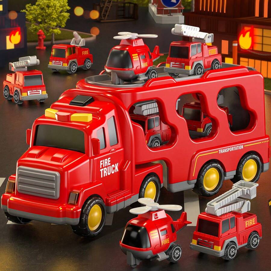 TEMI Toddler Fire Truck Toy 2+ - 5-In-1 Transport Vehicle, Friction Powered Vehicle, Christmas Birthday Gift