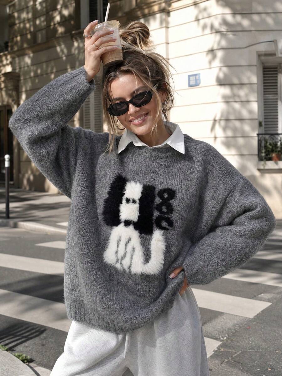 Women's Autumn Dog Pattern Crew Neck Pullover, Long Sleeve Design, Suitable For Holiday Gatherings, Weekends, Thanksgiving, Christmas Outings - Grey - View 1