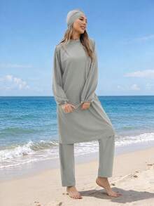 VFJ Women's Burkini Swimwear, Modest Islamic Style, Long Sleeve Full Coverage 3 Pieces Set With Swim Cap - Grey - View 4