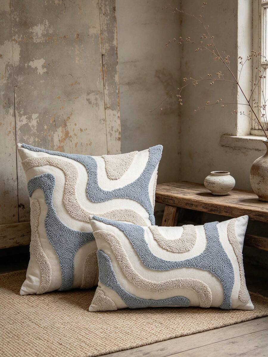 1pc Blue & White Asymmetrical Color Block Pillow Case, Flocked & Tufted Craft, Abstract Wave Texture Bohemian Cushion Cover, Decorative Pillowcase For Daily Room Bed Decor, Suitable For Sofa, Bedroom, Living Room Home Decoration, Pillow Insert Not Included
