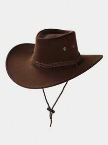 Classic American Vintage Wool Western Cowboy Hat, Solid Color Design With Windproof Rope, Unisex Outdoor Gathering Party Fashion Ball High Top Hat, All-Season Lightweight Style - Cowboy Hat - View 9