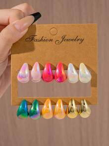 1/6 Pair Set Fashionable Cute Multi-Color Water Drop Earrings Set Suitable For Women's Daily Wear (Avoid Contact With Water As It May Cause Discoloration And Affect Material Quality Due To CCB Material) - Multicolor - View 5