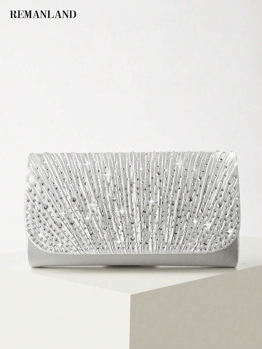 REMANLAND Luxury Silver Clutch, Dazzling Rhinestones Set Into Sculpted Pleats, Sophisticated Purse For Banquets, Gala Nights, Prom & Formal Events - Silver - View 1