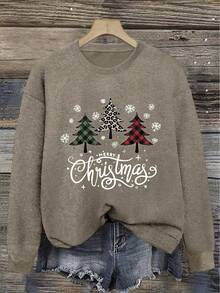 Christmas-Themed, Christmas Tree Print, Style, Casual And Comfortable Crew-Neck Sweater, Suitable For Autumn And Winter. - Earth Gray - View 8