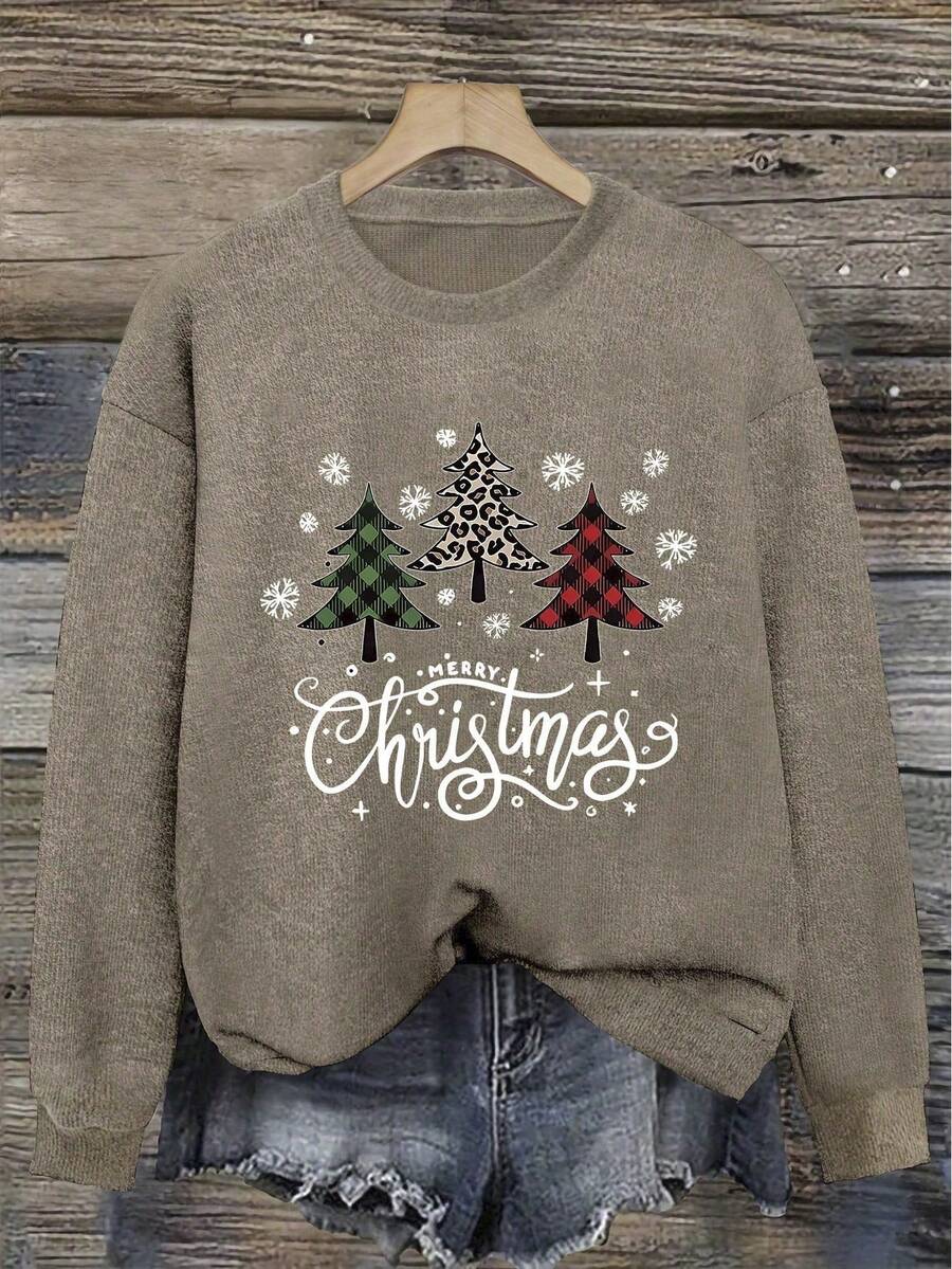 Christmas Theme Christmas Tree Print Casual Comfortable Crew Neck Sweater, Suitable For Autumn/Winter Wear - Earth Gray - View 1