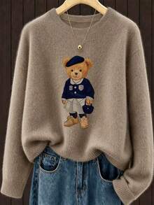 Elegant Casual Cute Plus Size Women's Bear Pattern Knit Sweater, Soft Warm Fuzzy Feel, Minimalist Versatile, Loose Comfortable - Earth Gray - View 8