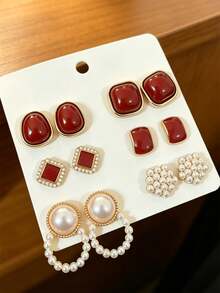 12件組時尚個性化珍珠琺瑯酒紅色耳釘，甜美浪漫多款式耳環套組，適合女性與女孩，派對、宴會、旅行、度假、生日禮物，飾品珠寶 - 紅色 - 查看 3