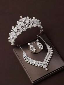 1 Set Bridal Rhinestone Crown, Necklace And Earrings Wedding Jewelry Accessories, Suitable For Wedding Dress, Bridal Party, Wedding Celebration And Halloween Celebration Occasions. - White - View 7