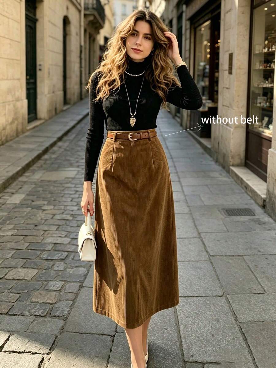 Autumn/Winter Casual Versatile Street Style Corduroy High Waist Elastic Waist A-Line Skirt, Fashionable Elegant Design, Knee Length - Khaki - View 1