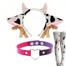 Juego de 2/4 piezas de accesorios de disfraz de vaca - Diadema de orejas de vaca de poliéster, cola, collar con campana y calcetines hasta la rodilla con estampado de vaca - Lavable - Adecuado para fiestas temáticas de animales, juegos de rol - Conjunto de vaca 2 - Ver 17