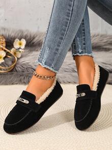 New Thermal Lined Closed-Toe Slippers, Retro Flat Slip-On Shoes For Home And Outdoor Wear, Autumn/Winter - Black - View 5