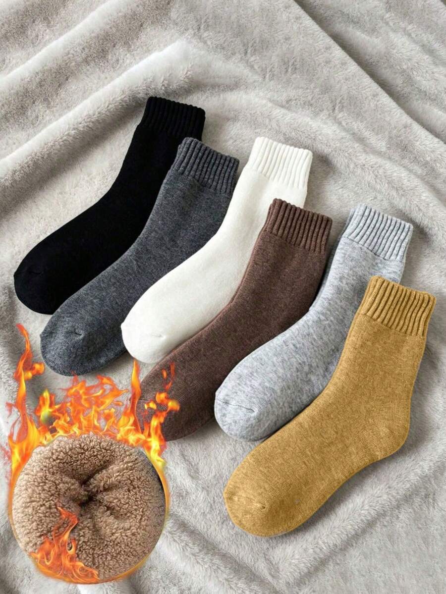 1/5 Pairs Men's Autumn/Winter Thickened Fleece Lined Mid-Calf Socks, Warm Comfortable Breathable, Couple Socks, Unisex, Suitable For Cold Weather, Home, Sports, Business Socks, Random Color - Multicolor - View 1