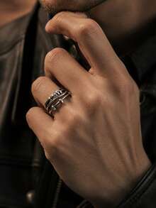 Vintage Distressed Multi-Layer Round Button Ring, Aged Silver Color, Anxiety Relief Spinning Jewelry, European And American Niche Men's Open Adjustable Finger Ring - Antique Silver - View 4