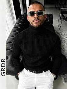 GRDR Men's High Neck Cable Knit Sweater, Black Vertical Ribbed Textured Slim Fit Long Sleeve Pullover Base Layer For Autumn/Winter - Black - View 6