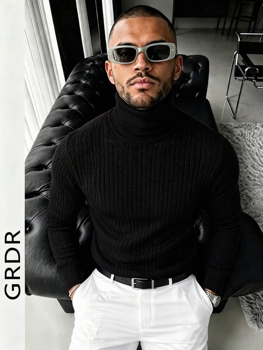 GRDR Men's High Neck Cable Knit Sweater, Black Vertical Ribbed Textured Slim Fit Long Sleeve Pullover Base Layer For Autumn/Winter - Black - View 1