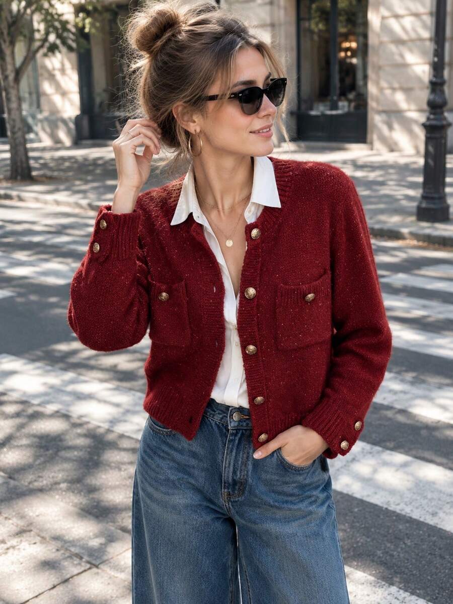 Áo cardigan len dệt kim cài nút mùa xuân, thiết kế ngắn, phù hợp cho vóc dáng nhỏ nhắn, áo khoác ngoài thời trang đa năng - Màu Đỏ Sâu - Xem 1