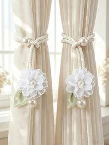 2pcs/Set French Style Fabric Floral Curtain Tieback Buckle Home Decor Pearl Embellished Curtain Buckle Suitable For Living Room Bedroom - Pearl Camellia Curtain Tie - View 19