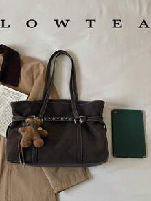 Solid Color PU Fabric Women's Casual Large Capacity Shoulder Tote Bag With Strap, Rivet Eyelet Decor, Pleated Design, Double Handles, Zipper Closure, Suitable For Daily Shopping And Commuting (With Pendant) - Coffee - View 3