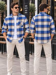 Men's Plaid Long Sleeve Shirt - Casual Button-Down Plaid Shirt With Collar - Royal Blue - View 3