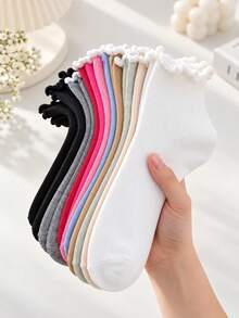 1/5/10 Pairs Women's Random Solid Color & Multicolor Ruffle Edge Short Socks, Soft Comfortable Breathable All-Season Versatile Casual Sports Fresh Suitable For Daily Use - Multicolor - View 5