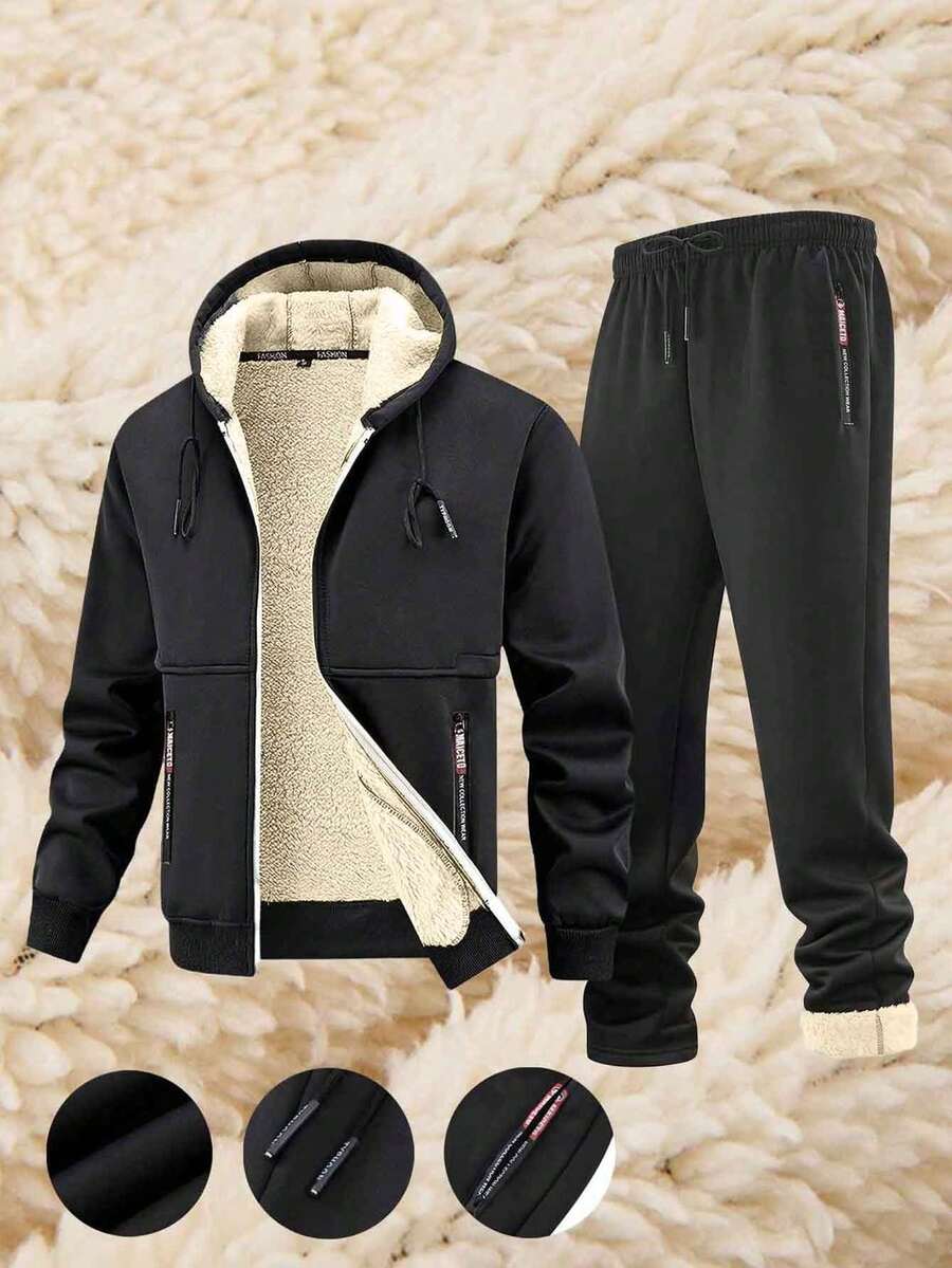 Men's Fleece Lined 2 Pieces Tracksuit, Hooded Zip-Up Jacket And Jogger Pants Set, Winter Fleece Jacket With Zipper Pockets, Suitable For Daily Wear - Black - View 1