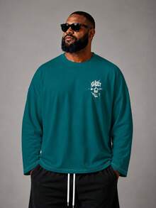 Men's Plus Size Dark Green Base GHOST Splatter Skull Print Casual Versatile Daily Wear Long Sleeve T-Shirt - Multicolor - View 2