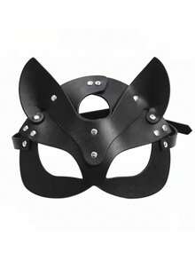 1pc Black Sexy Animal Cat Face Rabbit Girl PU Leather Punk Mask Face Cover Halloween Party Ball Costume Cat Face Mask - Black - View 4