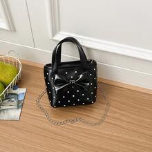 Girls Sweet Polka Dot Bow Mini Tote Bag, Kids Handbag With Chain Crossbody Strap, Princess Accessory Bag - B - View 10