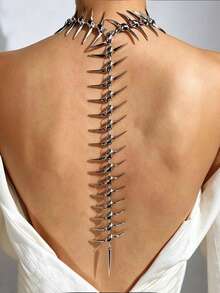 1PC Punk Spine Vertebrae Body Chain Choker, Gothic Silver Body Harness, Adjustable Back Hanging Chain, Cyberpunk Rave Unisex Jewelry - Silver - View 2
