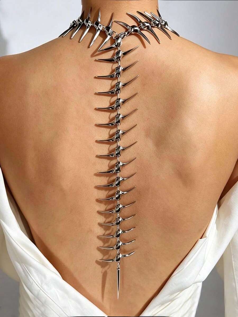 1PC Punk Spine Vertebrae Body Chain Choker, Gothic Silver Body Harness, Adjustable Back Hanging Chain, Cyberpunk Rave Unisex Jewelry