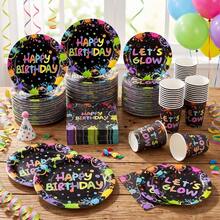10/20/40pcs Neon Spray Paint Glow Party Tableware Set, Let's Glow Happy Birthday Blacklight Disposable 7-Inch And 9-Inch Paper Plates, Cups And Napkins, Blacklight Friendly Rainbow Ink Splatter Tableware, Suitable For Teenagers Glow Birthday Supplies - Multicolor - View 8