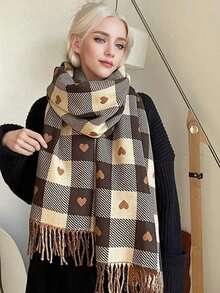 1pc Faux Cashmere Plaid Heart Scarf, Women's Versatile Warm Tassel Shawl, Suitable For Daily Wear - Multicolor - View 7