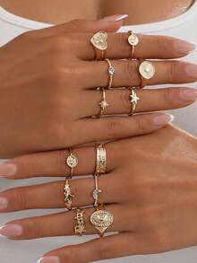 12pcs Vintage Ins Style Rhinestone Star & Moon Stackable Rings, Fashion Geometric Metal Heart & Letter Rings, Suitable For Daily Wear - Gold - View 2