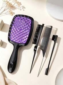 4Pcs Hair Styling Comb Set, Hollow Out Detangling Massage Hair Brush, Rat Tail Comb, Teasing Brush, Professional Hairdressing Tools For Women & Men, Salon Home Use, Anti-Tangle Hair Grooming Kit - Multicolor - View 5