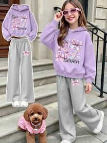 2pcs Hoodie Set, Printed With Number 67 And Bow Pattern, Paired With Simple Casual Wide Leg Pants, Comfortable Autumn/Winter New Outfit - Mauve Purple - View 1