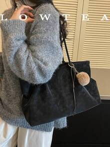 1pc Solid Color PU Fabric Shoulder Bag Women's Casual Large Capacity Tote Bag With Pleated Design, Double Handles, Zipper Closure, Suitable For Daily Shopping And Commuting (With Pendant) - Black - View 7