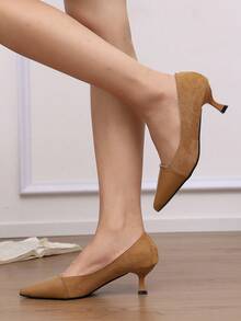 Women's Elegant Pointed Toe Shallow High Heel Pumps, Leather & Suede Patchwork Design, Slip-On Dress Shoes, Suitable For Office, Business Occasions, Daily Wear - Brown - View 5
